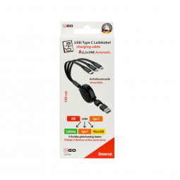 2GO All in One Automatic USB/Type-C Cable 1m Black