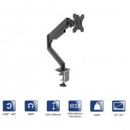 Akyga AK-MB-05 Single Gas Spring Monitor Arm Desk Mount 10kg VESA 75x75mm / 100x100mm 15-32