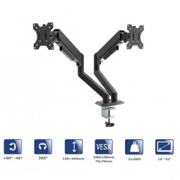 Akyga AK-MB-06 Dual Gas Spring Monitor Arm Double Desk Mount 2x10kg VESA 75x75mm / 100x100mm 15-32