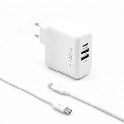 FIXED set of travel charger with USB-C and 2xUSB output and USB-C/USB-C cable, PD support, 45W, white