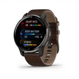 Garmin Venu 2 Plus Slate Stainless Steel Bezel With Slate Case And Brown Leather Band