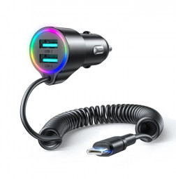 Joyroom JR-CL24 Car Charger with Coiled Type-C Cable Black